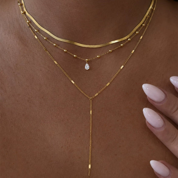 Women's Gold Plated Stainless Steel Layered Necklace With Teardrop Zircon Tassel Round Beads And Snake Chain