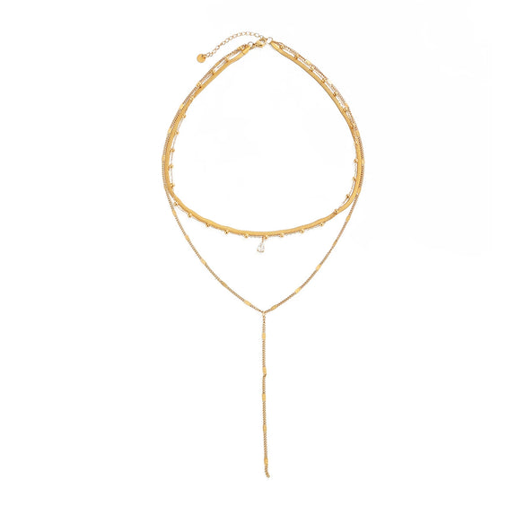 Women's Gold Plated Stainless Steel Layered Necklace With Teardrop Zircon Tassel Round Beads And Snake Chain