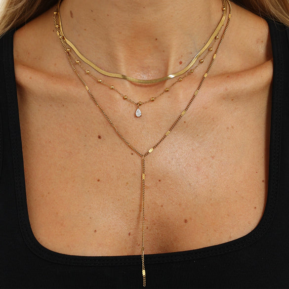 Women's Gold Plated Stainless Steel Layered Necklace With Teardrop Zircon Tassel Round Beads And Snake Chain