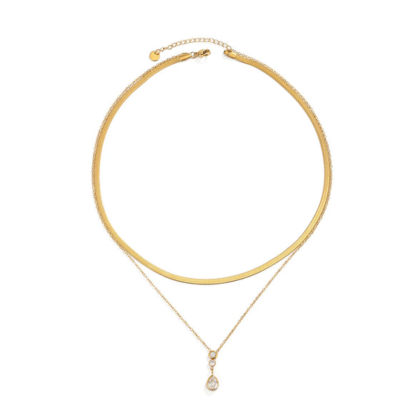 Women's Gold Plated Stainless Steel Layered Snake Chain Necklace With Geometric Teardrop Zircon Pendant