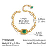 Women's Gold Plated Stainless Steel Necklace And Bracelet Set With Green Geometric Crystal Pendants And Irregular Chains