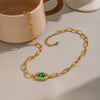 Women's Gold Plated Stainless Steel Necklace And Bracelet Set With Green Geometric Crystal Pendants And Irregular Chains