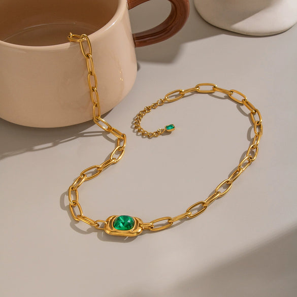 Women's Gold Plated Stainless Steel Necklace And Bracelet Set With Green Geometric Crystal Pendants And Irregular Chains