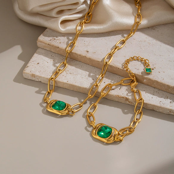Women's Gold Plated Stainless Steel Necklace And Bracelet Set With Green Geometric Crystal Pendants And Irregular Chains
