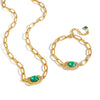 Women's Gold Plated Stainless Steel Necklace And Bracelet Set With Green Geometric Crystal Pendants And Irregular Chains
