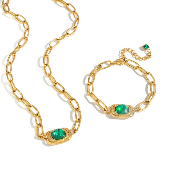 Women's Gold Plated Stainless Steel Necklace And Bracelet Set With Green Geometric Crystal Pendants And Irregular Chains