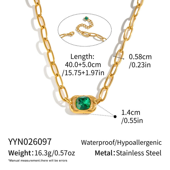 Women's Gold Plated Stainless Steel Necklace And Bracelet Set With Green Geometric Crystal Pendants And Irregular Chains