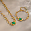Women's Gold Plated Stainless Steel Necklace And Bracelet Set With Green Geometric Crystal Pendants And Irregular Chains