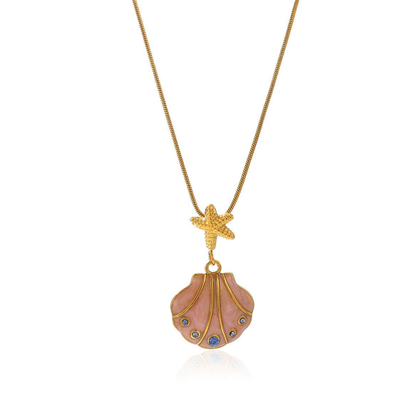 Women's Gold Plated Stainless Steel Necklace With Enamel Scallop Turtle And Fish Pendants Twisted Chain Animal Jewelry