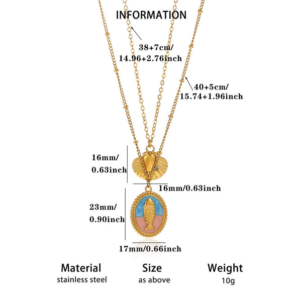 Women's Gold Plated Stainless Steel Necklace With Enamel Scallop Turtle And Fish Pendants Twisted Chain Animal Jewelry