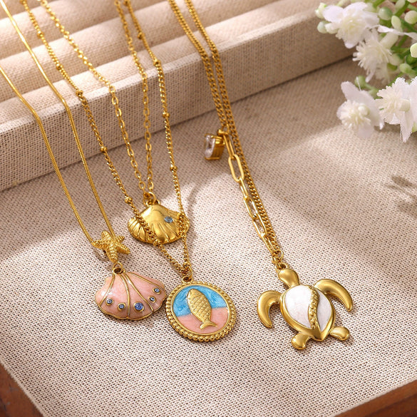 Women's Gold Plated Stainless Steel Necklace With Enamel Scallop Turtle And Fish Pendants Twisted Chain Animal Jewelry