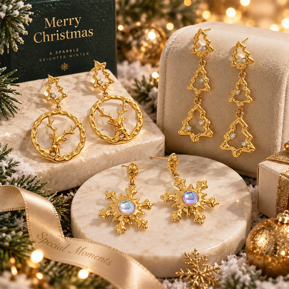 Women's Gold Plated Stainless Steel Reindeer And Snowflake Earrings With Geometric Festive Design And Vacuum Pvd Finish