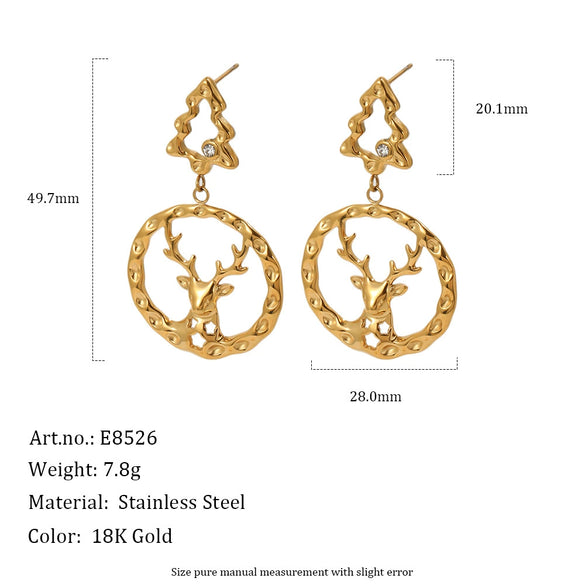 Women's Gold Plated Stainless Steel Reindeer And Snowflake Earrings With Geometric Festive Design And Vacuum Pvd Finish
