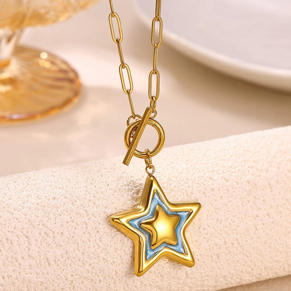 Women's Gold Plated Stainless Steel Star Necklace With Mother Of Pearl And Iridescent Pearl Pendant Long Spliced Chain Jewelry