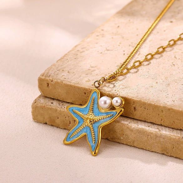 Women's Gold Plated Stainless Steel Star Necklace With Mother Of Pearl And Iridescent Pearl Pendant Long Spliced Chain Jewelry