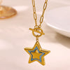 Women's Gold Plated Stainless Steel Star Necklace With Mother Of Pearl And Iridescent Pearl Pendant Long Spliced Chain Jewelry