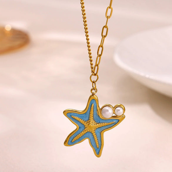 Women's Gold Plated Stainless Steel Star Necklace With Mother Of Pearl And Iridescent Pearl Pendant Long Spliced Chain Jewelry