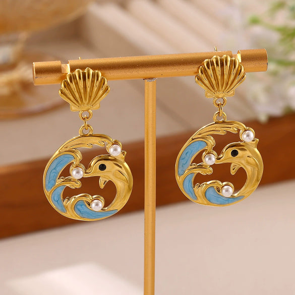 Women's Gold Plated Stainless Steel Wave Earrings With Ocean Inspired Shell Star Pearl And Butterfly Details