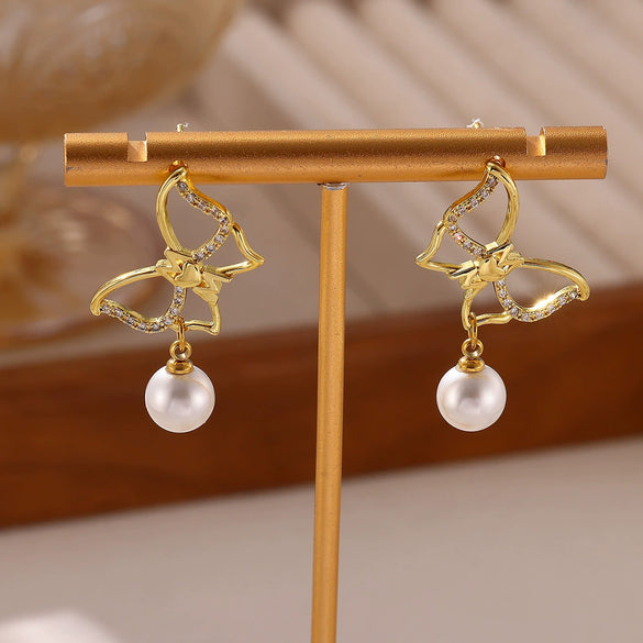 Women's Gold Plated Stainless Steel Wave Earrings With Ocean Inspired Shell Star Pearl And Butterfly Details