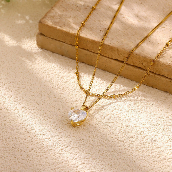 Women's Gold Plated Titanium Steel Double Layer Pendant Necklace With Faux Pearl Moon Sun Heart And Zircon Geometric Charms