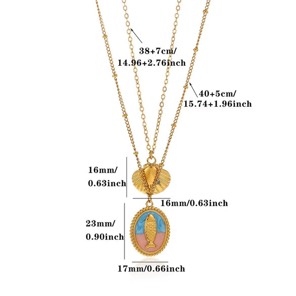 Women's Gold Plated Titanium Steel Double Layer Pendant Necklace With Faux Pearl Moon Sun Heart And Zircon Geometric Charms