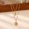 Women's Gold Plated Titanium Steel Double Layer Pendant Necklace With Faux Pearl Moon Sun Heart And Zircon Geometric Charms