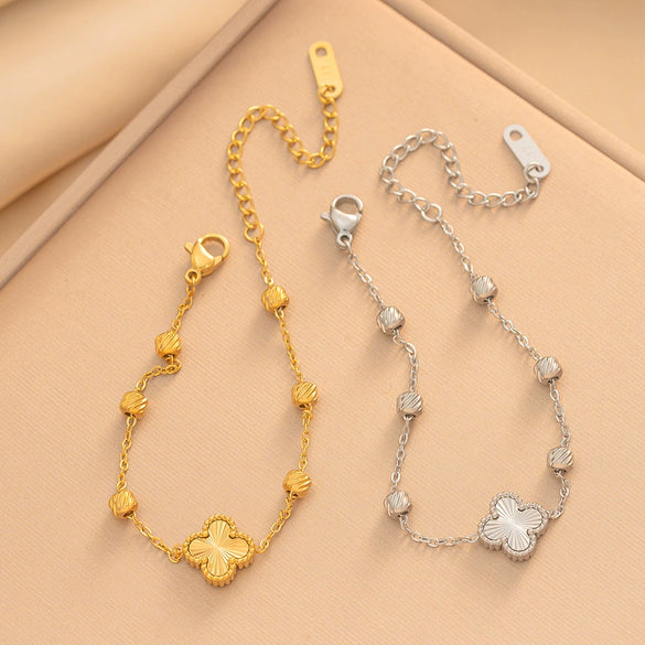 Women's Gold Plated Titanium Steel Four Leaf Clover Bracelet With Laser Engraved Detail