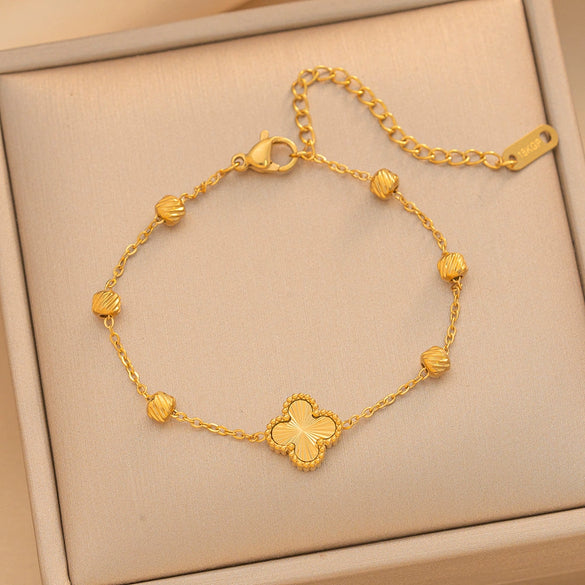 Women's Gold Plated Titanium Steel Four Leaf Clover Bracelet With Laser Engraved Detail