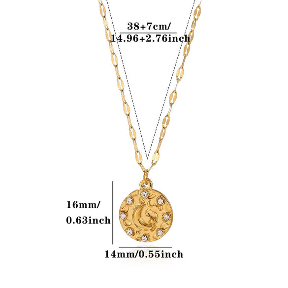 Women's Gold Plated Titanium Steel Star And Moon Relief Round Pendant Necklace With Retro Fashion Styling