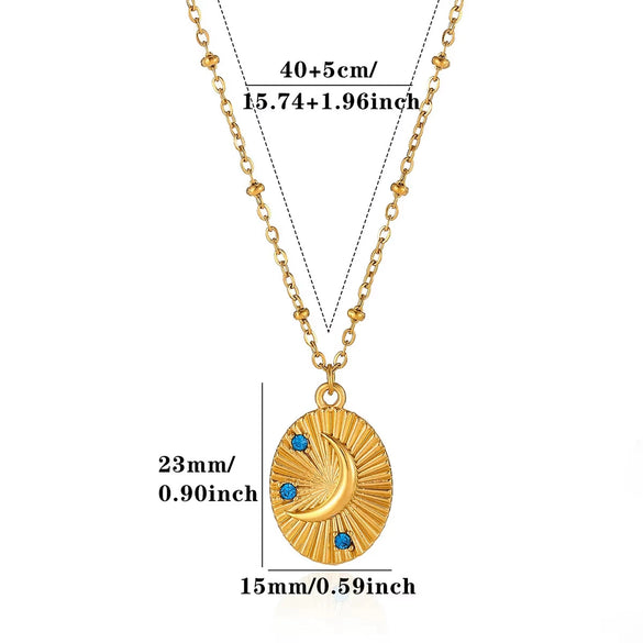 Women's Gold Plated Titanium Steel Star And Moon Relief Round Pendant Necklace With Retro Fashion Styling