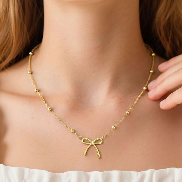 Women's Gold Tone Bowknot Seed Bead Necklace Copper Electroplated Clavicle Chain In Simple Light Luxury Style