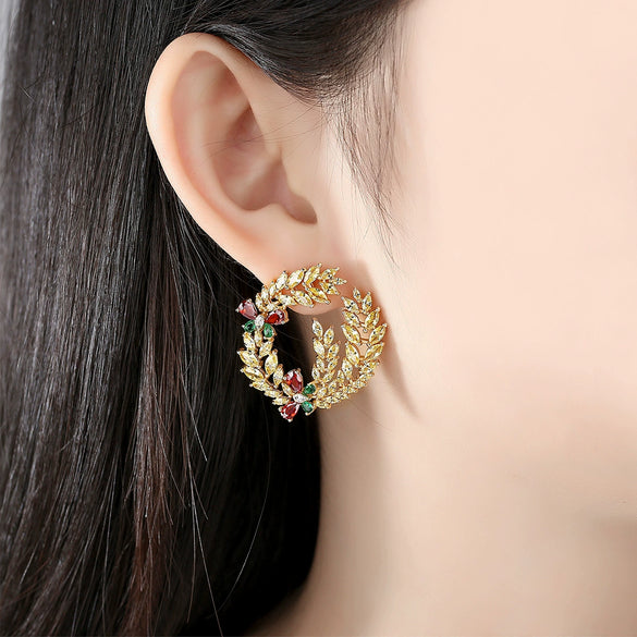 Women's Gold Tone Copper Bow Earrings With Wheat Ear And Floral Details Electroplated Zircon Fashion Jewelry Set