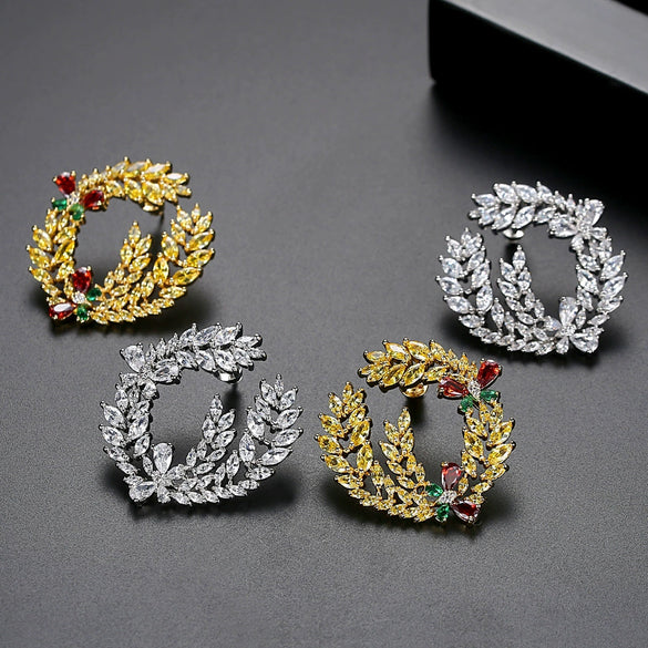 Women's Gold Tone Copper Bow Earrings With Wheat Ear And Floral Details Electroplated Zircon Fashion Jewelry Set