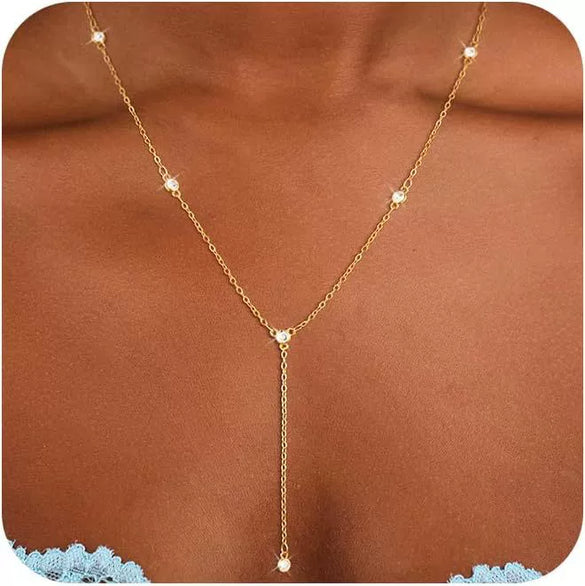 Women's Gold Tone Copper Geometric Water Ripple Bead Studded Y Shaped Necklace With Electroplated Simple Style Regular Chain