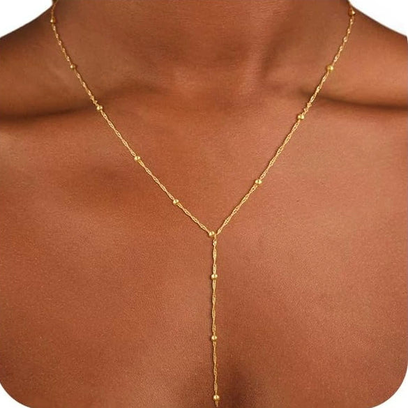 Women's Gold Tone Copper Geometric Water Ripple Bead Studded Y Shaped Necklace With Electroplated Simple Style Regular Chain