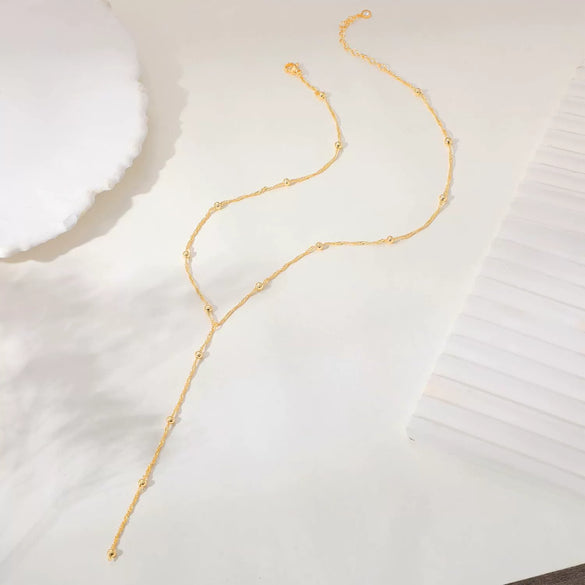 Women's Gold Tone Copper Geometric Water Ripple Bead Studded Y Shaped Necklace With Electroplated Simple Style Regular Chain