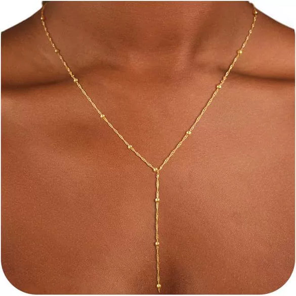 Women's Gold Tone Copper Geometric Water Ripple Bead Studded Y Shaped Necklace With Electroplated Simple Style Regular Chain