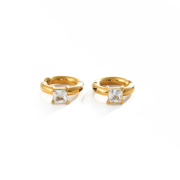 Women's Gold Tone Geometric Square Zircon Stainless Steel Ear Clips With Spring Closure For Nonpierced Ears