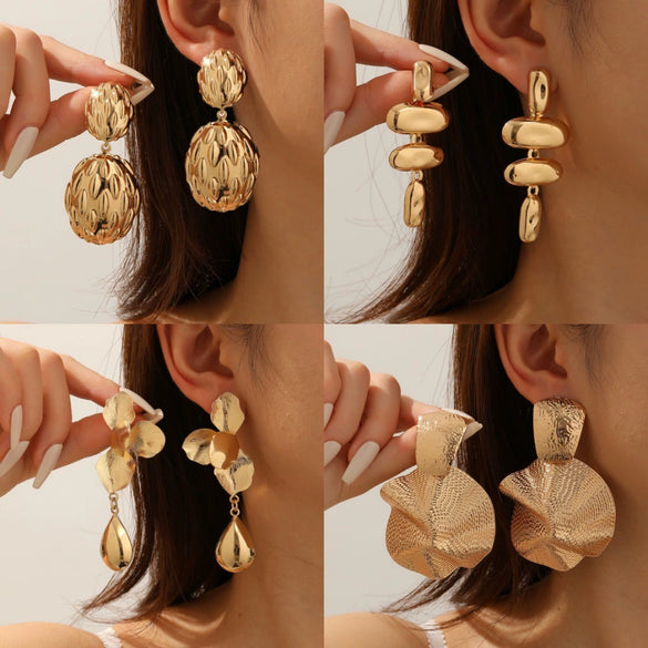Women's Gold Tone Geometric Water Drop Earrings With Glossy Electroplated Finish And Stainless Steel Ear Posts Wholesale