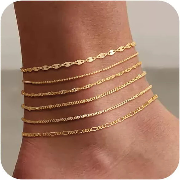Women's Gold Tone Multi Layer Geometric Copper Anklet Set Simple Detachable Stacked Chain Fashion Ankle Jewelry