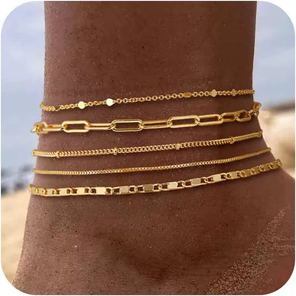 Women's Gold Tone Multi Layer Geometric Copper Anklet Set Simple Detachable Stacked Chain Fashion Ankle Jewelry