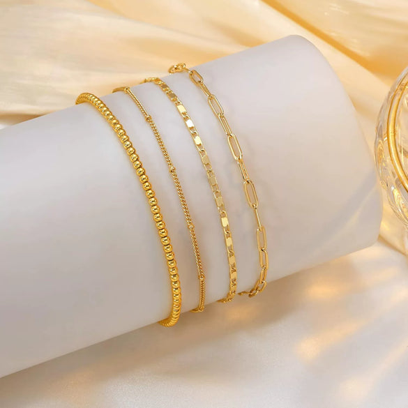 Women's Gold Tone Multi Layer Geometric Copper Anklet Set Simple Detachable Stacked Chain Fashion Ankle Jewelry