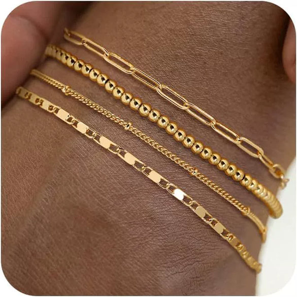 Women's Gold Tone Multi Layer Geometric Copper Anklet Set Simple Detachable Stacked Chain Fashion Ankle Jewelry