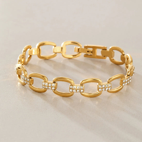 Women's Gold Tone Stainless Steel Geometric Rhinestone Chain Bracelet With Hypoallergenic Plated Finish