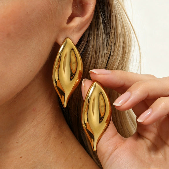 Women's Gold Tone Stainless Steel Leaf Geometric Teardrop Stud Earrings With Polished Electroplated Finish
