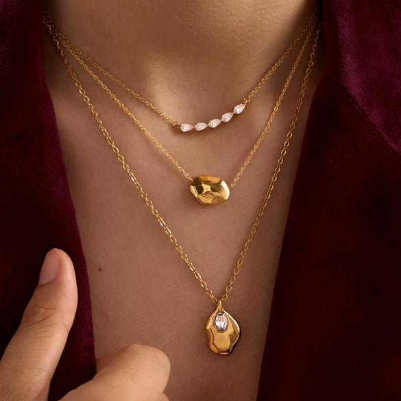 Women's Gold Tone Stainless Steel Necklace And Earrings Set With Titanium Steel Pendant Geometric Hammered Cosmic Design