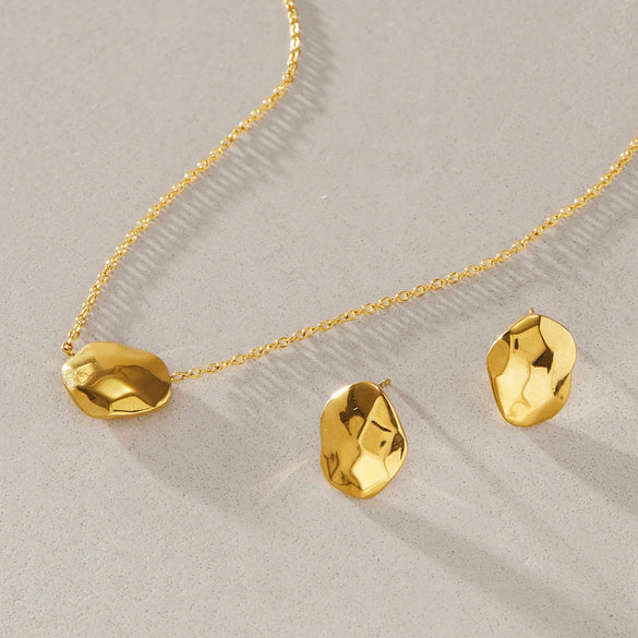 Women's Gold Tone Stainless Steel Necklace And Earrings Set With Titanium Steel Pendant Geometric Hammered Cosmic Design