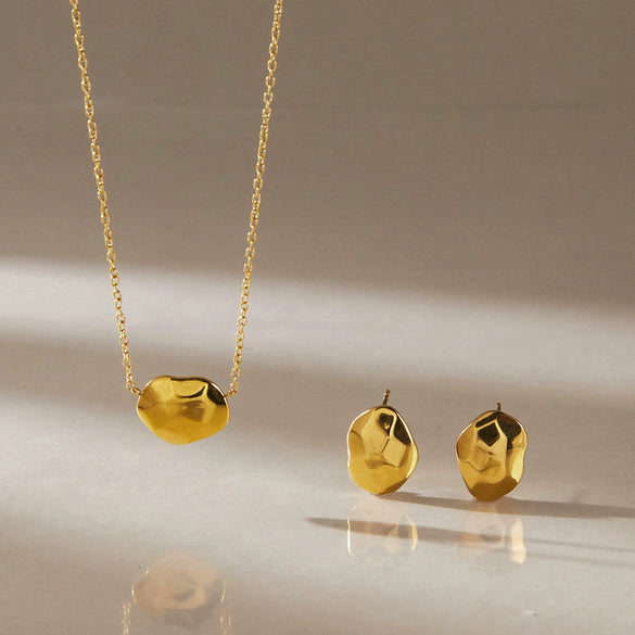 Women's Gold Tone Stainless Steel Necklace And Earrings Set With Titanium Steel Pendant Geometric Hammered Cosmic Design