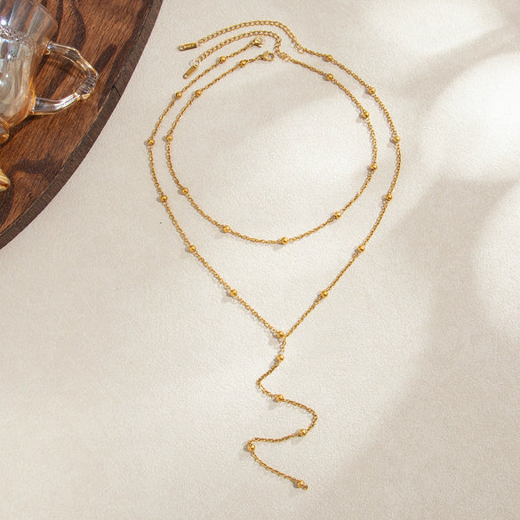 Women's Gold Tone Stainless Steel Round Bead Chain Necklace Yshaped Long Layering Design With Lobster Clasp