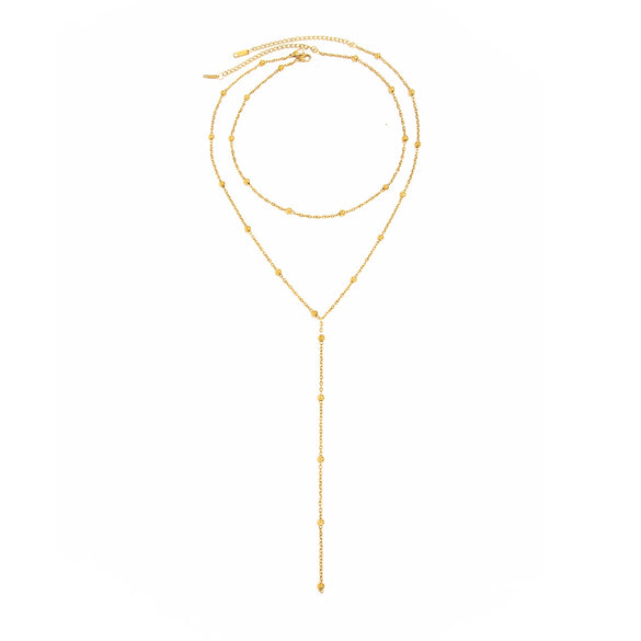Women's Gold Tone Stainless Steel Round Bead Chain Necklace Yshaped Long Layering Design With Lobster Clasp